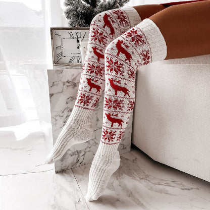 Winter Christmas Warm Knitted Women Stocking Beautiful Elk Snowflake Jacquard Over-The-Knee Casual Long Socks for Ladies Gifts Free Size